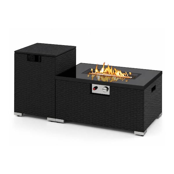 2-Piece 32 in. x 20 in. PE Rattan and Tempered Glass Outdoor Propane Fire Pit Table Set with Tank Cover, Black