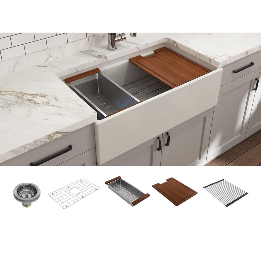 BOCCHI Step-Rim White Fireclay 33 in. Single Bowl Farmhouse Apron