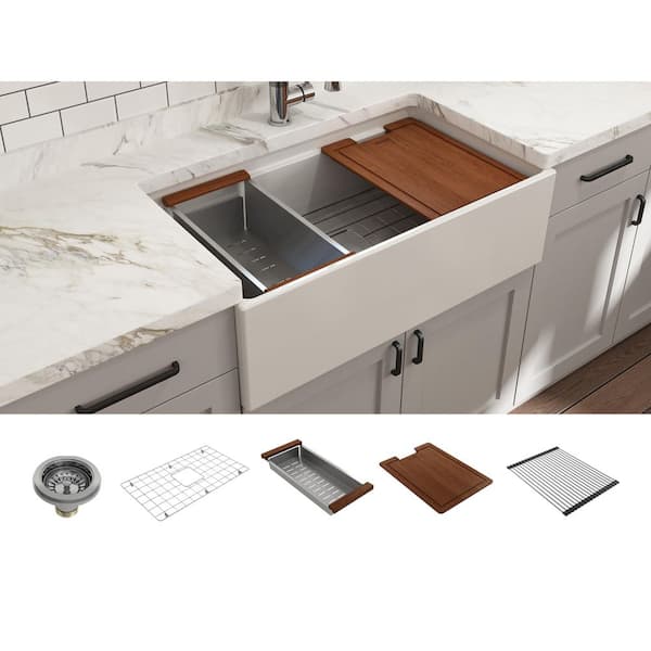 Step-Rim White Fireclay 33 in. Single Bowl Farmhouse Apron Front Workstation Kitchen Sink with Accessories