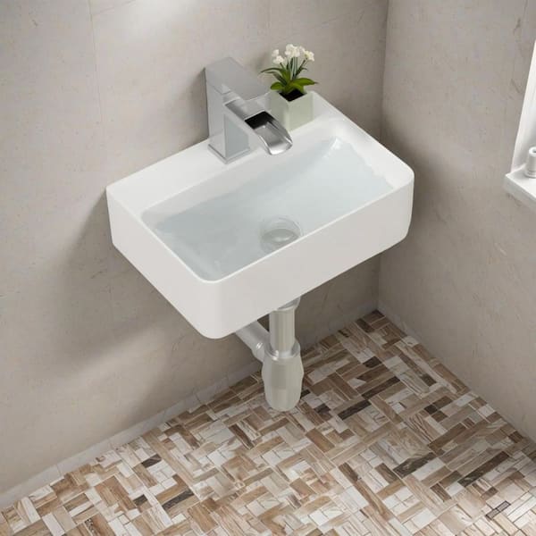 14 in. Wall Mount Floating Rectangular Lavatory Vanity Vessel Sink in White with Single Faucet Hole