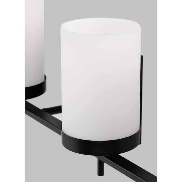 Zire 34 in. 4-Light Midnight Black Bathroom Vanity Light with Etched White Glass Shades