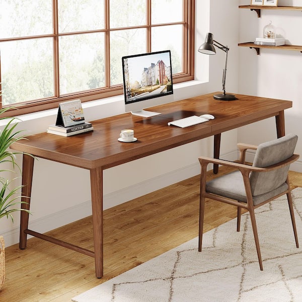 BYBLIGHT 78.7 in. Rectangular Brown Wood Computer Desk Writing Desk, Double Home Office Desk Study Worktable with Metal Legs