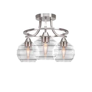 Madison 15.25 in. 3-Light Brushed Nickel Semi-Flush Mount with Clear Ribbed Glass Shade