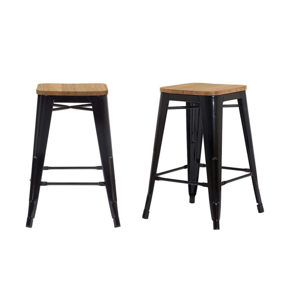 Stylewell Finwick Black Metal Backless Counter Stool With Wood Seat Set Of 2 16 54 In W X 23 62 In H Sw801 24 Blk The Home Depot