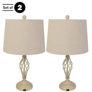 Set of 2-Modern Table Lamps with USB Charging Ports and LED Bulbs, Sand