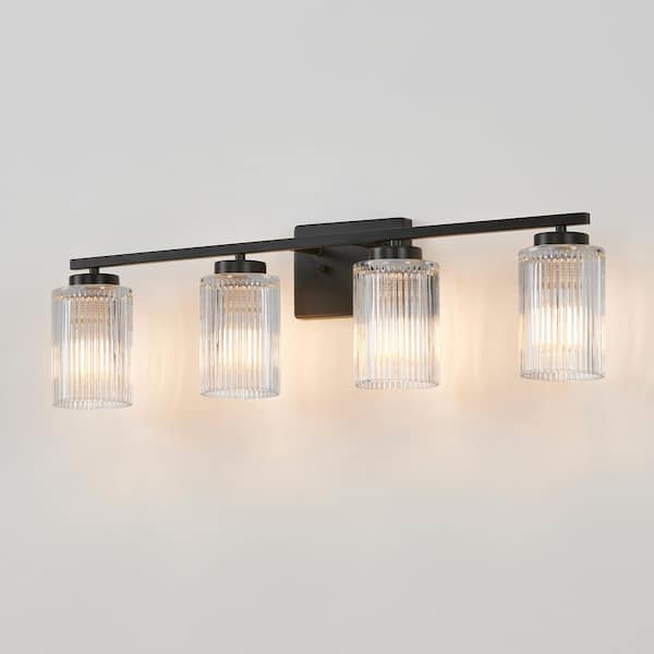 KAWOTI 30 in. 4-Light Black Vanity Light with Clear Ribbed Glass Shades