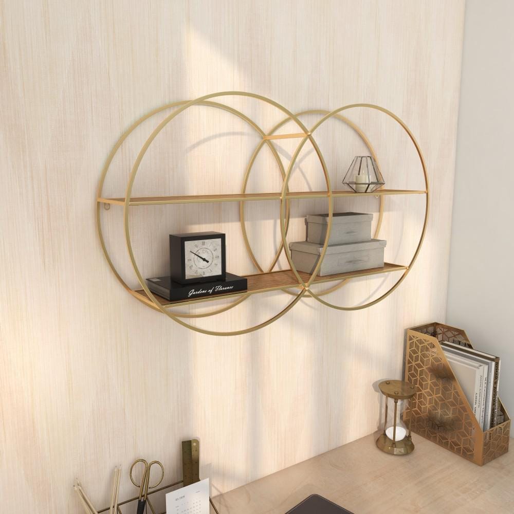 Elegant Rustic 30" Gold & Brown Iron 2-Tier Floating Wall Shelf