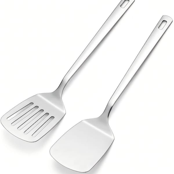 Silver Stainless Steel 2-Piece Spatula and Turner Set, Heat Resistant, Cooking Utensil Set for Frying, Grilling