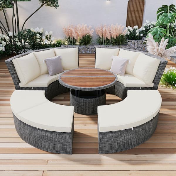 Sungrd Beige 5-Piece Round Wicker Outdoor Sectional Set, Free Combination Daybed with Liftable Table, Washable Cushions