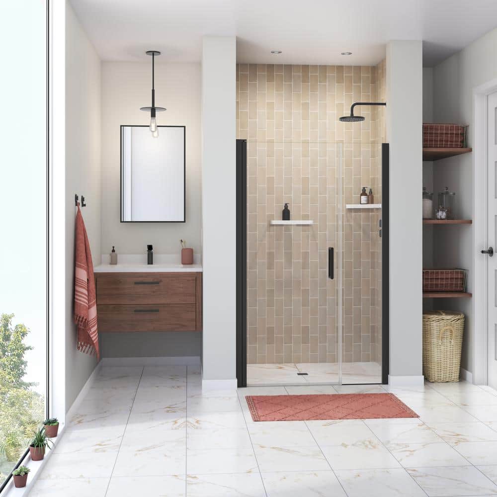 Manhattan 43 in. to 45 in. W x 68 in. H Pivot Frameless Shower Door with Clear Glass in Matte Black price history on PriceWatchPro