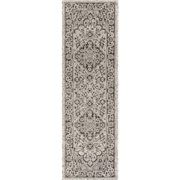Rozetta Boho Medallion Textured Weave Gray/Black 2 ft. x 10 ft. Indoor/Outdoor Runner Rug