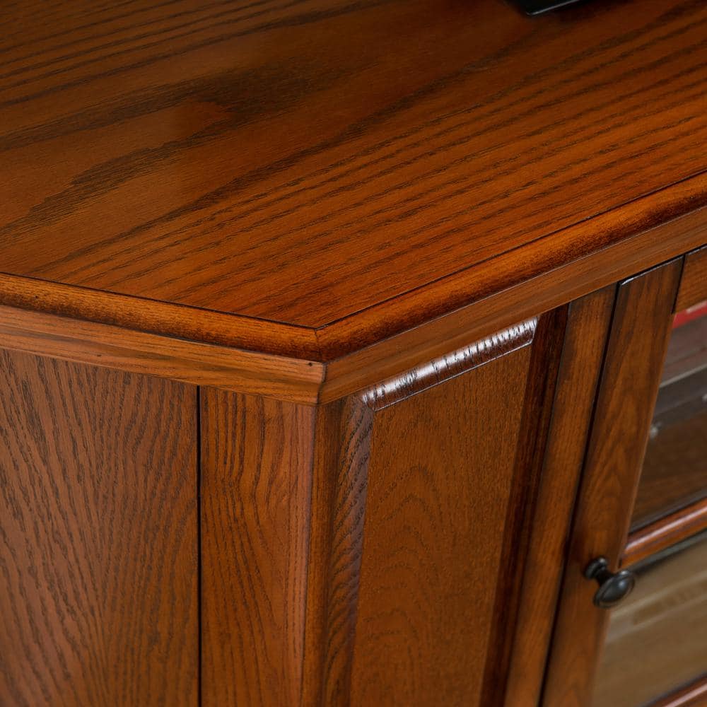 Burnished Oak 47-Inch Corner TV Stand with Glass Cabinet