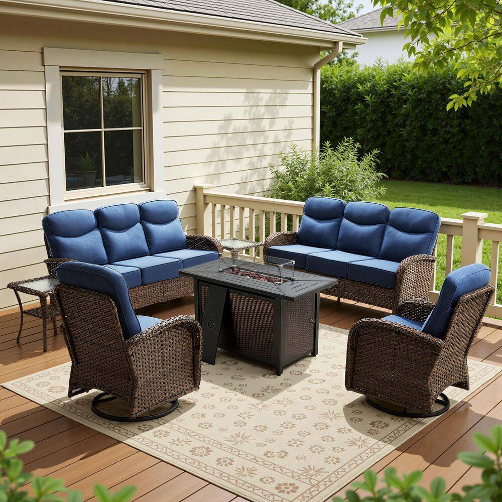 Luna Brown 7-Piece Wicker Outdoor Patio Fire Pit Deep Seating Set with 6-Inch Olefin Navy Blue Cushions price history on PriceWatchPro