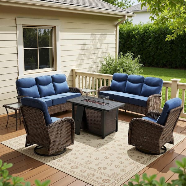 Luna Brown 7-Piece Wicker Outdoor Patio Fire Pit Deep Seating Set with 6 in. Olefin Navy Blue Cushions