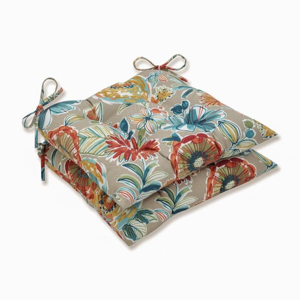 Pillow Perfect Floral 19 in. x 18.5 in. Outdoor Dining Chair Cushion in Tan/Blue/Green (Set of 2)
