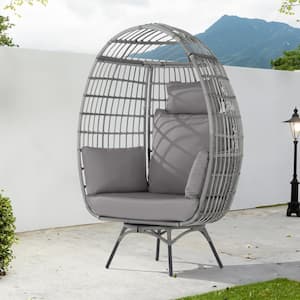 Patio Wicker Swivel Egg Chair, Oversized Indoor Outdoor Egg Chair, Gray Ratten Light Gray Cushions