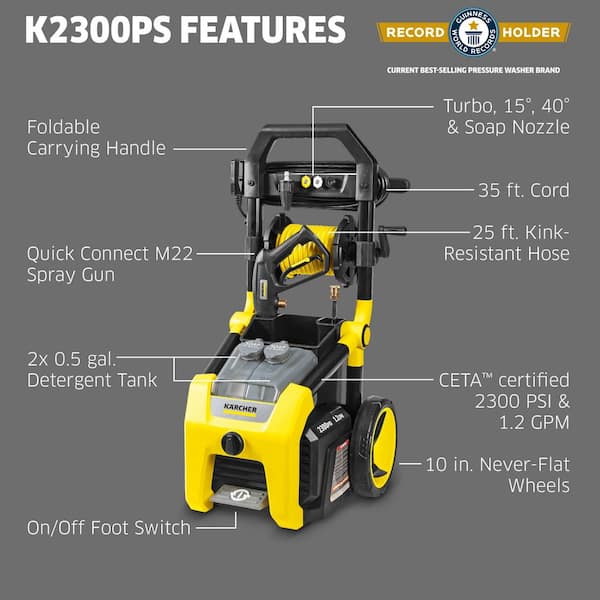 2300 PSI 1.2 GPM K2300PS Electric Power Pressure Washer with Turbo, 15-Degree, 40-Degree and Soap Nozzles