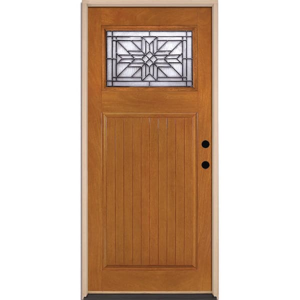 Feather River Doors 37.5 in. x 81.625 in. Brilliant Star Craft 1/4 Lite Stained Honey Mahogany LH Inswing Fiberglass Prehung Front Door