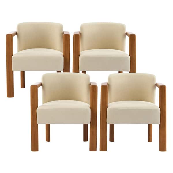 Ashford Modern Fabric Upholstered and Solid Wood Frame Dining Arm Chair, Beige plus Walnut, Set of 4