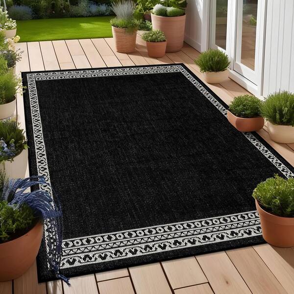 Frame Black 6 ft. x 9 ft. Geometric Bordered Washable Indoor Outdoor Area Rug