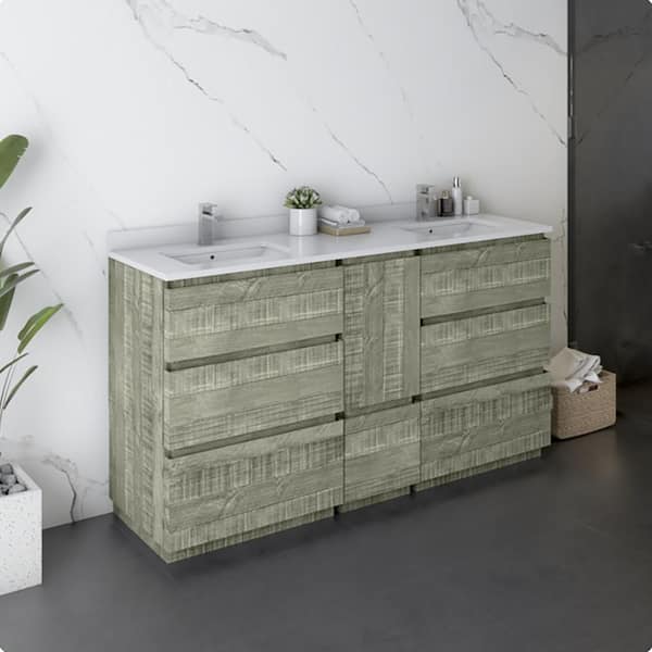 Fresca Formosa 60 in. Double Sink Freestanding Sage Gray Bath Vanity with White Quartz Top and Undermount Ceramic Sink