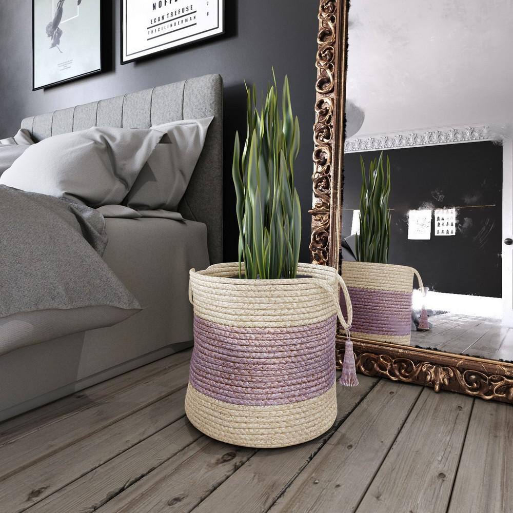 Off-White and Lilac Bold Striped 17" Jute Storage Basket