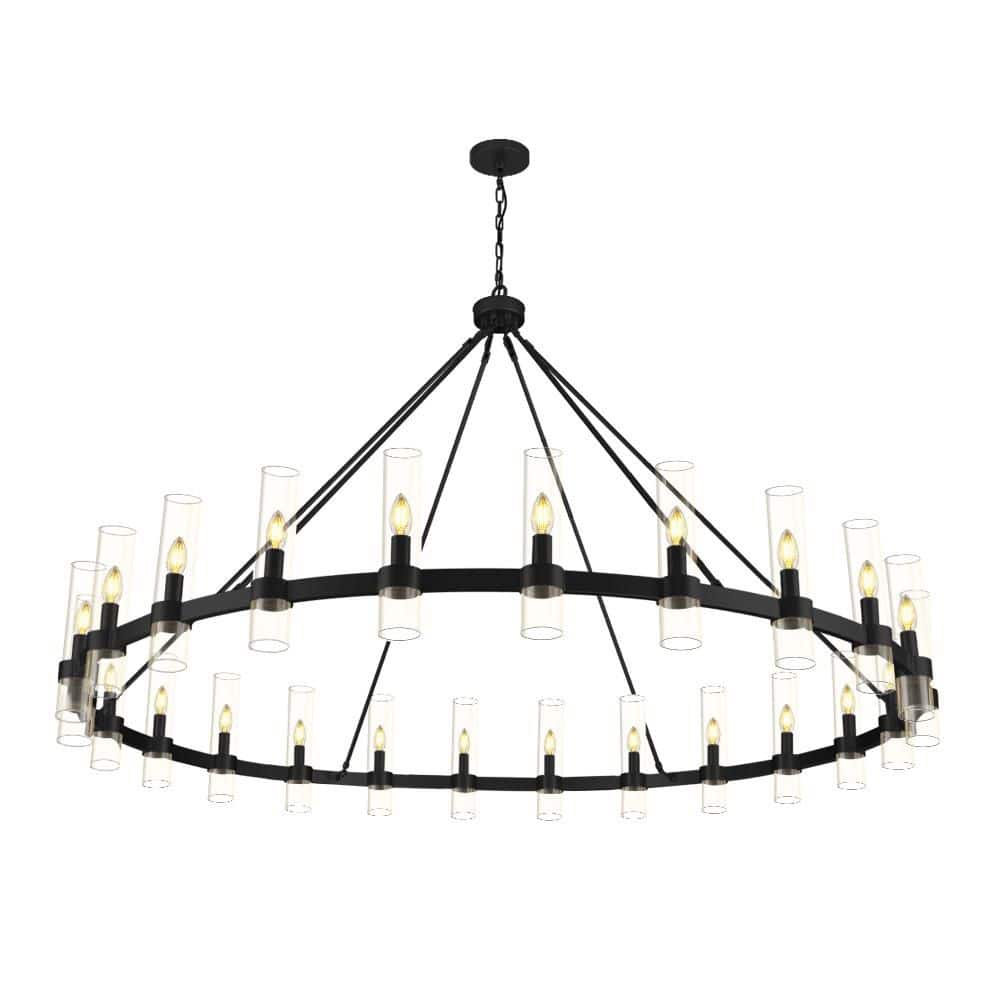 24 Lights 70 in. Dimmable Wagon Wheel Black Chandelier with Glass Shade for Living Room, Dining Room, Bedroom and Foyer price history on PriceWatchPro