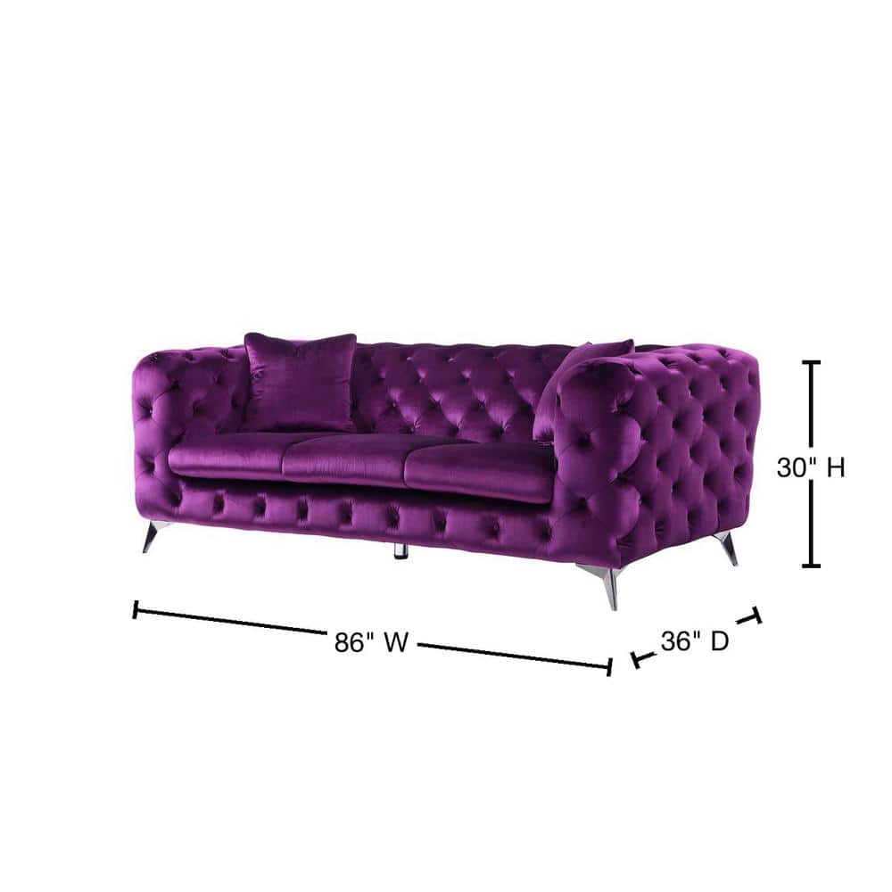 Elegant Chic Purple Velvet Tufted Sofa with Round Arms and Chrome Legs