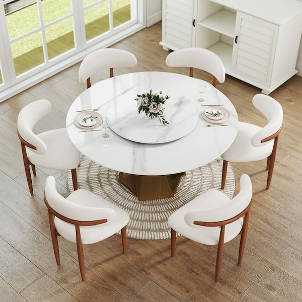 59 in. White Rotable Lazy Susan Sintered Round Stone Tabletop Bronze Pedestal Base Kitchen Dining Table (Seats-8)