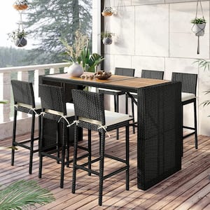 Wood Table Top Black 7-Piece Wicker Rectangular Bar Height Outdoor Dining Set with Beige Cushion