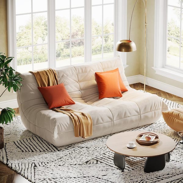 BYBLIGHT 70 in. W Armless Polyester Lazy Floor Curved Sofa in Beige High Density Foam Giant Bean Bag Couch with 3 Pillows BB HL0129YF