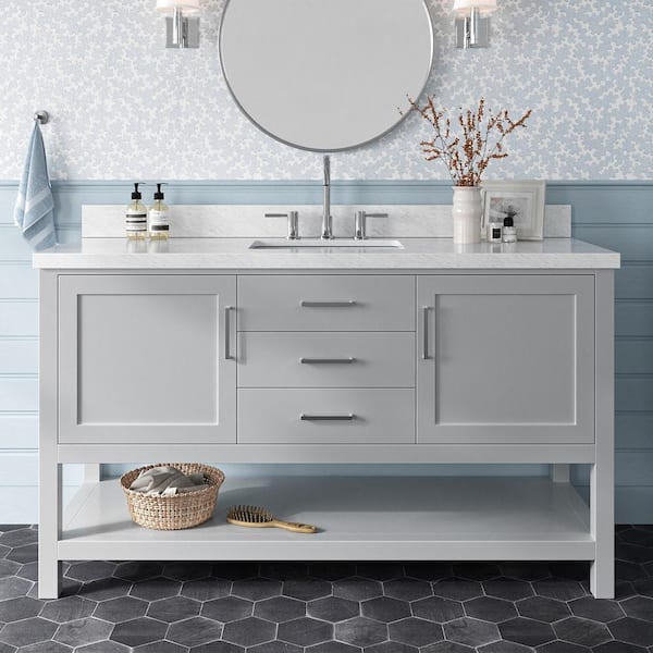 Bayhill 61 in. W x 22 in. D x 36 in. H Bath Vanity in Grey with Carrara White Marble Top