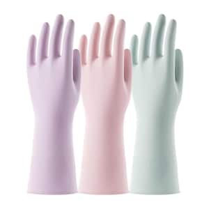 Large Latex Water Resistant Household Cleaning Gloves with Flocked Cotton Liner in Purple, Pink and Green (3-Pack)
