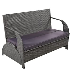 Metal and Wicker Outdoor Loveseat with Gray Cushions, Convertible to Four Seats and A Table for Gardens, Lawns, Backyard