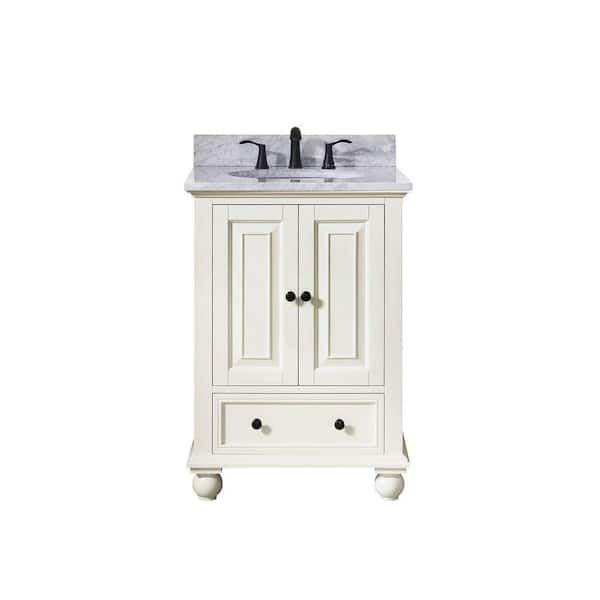 Thompson 24 in. Single Sink French White Bath Vanity with Carrara White Marble Top