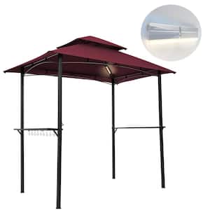 8 ft. x 5 ft. Red Outdoor Grill Double Tier Soft Top Canopy with Hook Bar Counters and 2 LED Lights