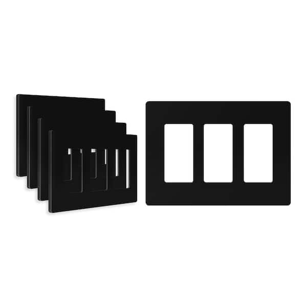 ENERLITES 3-Gang Decorator/Rocker Plastic Screwless Wall Plate, Black (5-Pack)