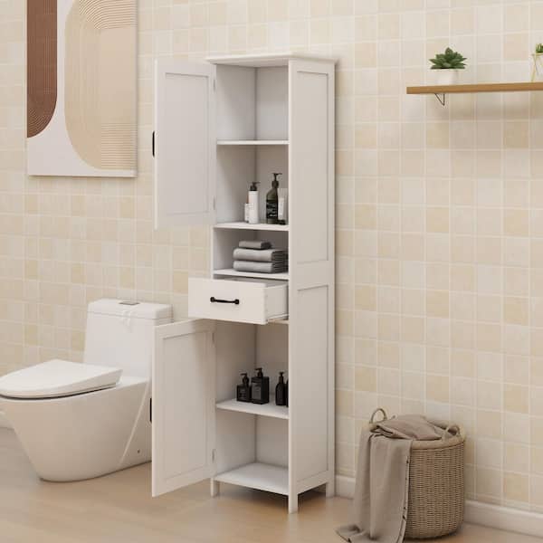 Otryad Double Door Narrow Height Slim Floor Standing Cabinet in White