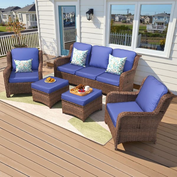 Willit Brown 5-Piece Wicker Outdoor Patio Conversation Seating Set with Navy Blue Cushions
