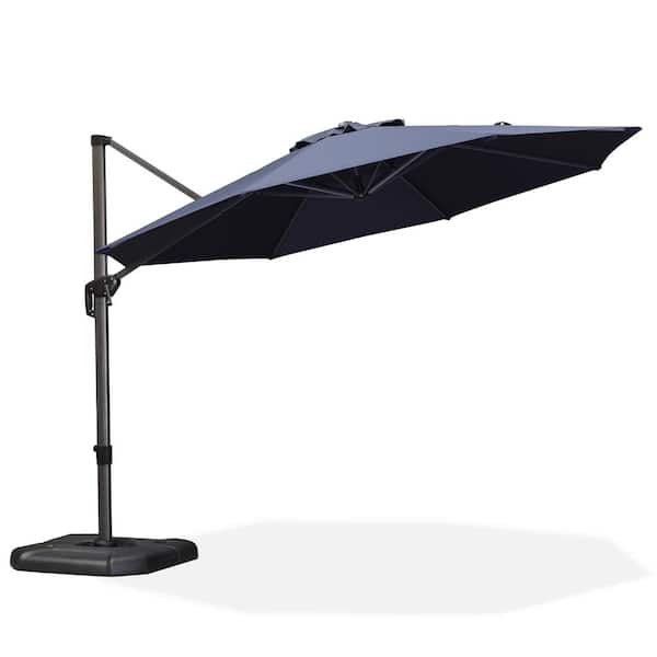 PURPLE LEAF 11 ft. Octagon Aluminum Outdoor Patio Cantilever Umbrella 360-Degree Rotation Umbrella with Base in Ground, Navy Blue