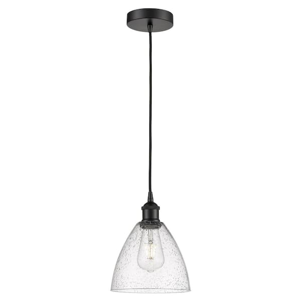 Edison Dome 60-Watt 1-Light Matte Black Standard Mini Pendant Light with Seeded Glass Shade, No Bulbs Included