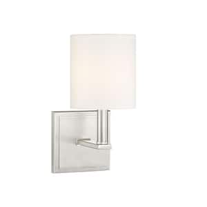 Waverly 5 in. W x 11 in. H 1-Light Satin Nickel Wall Sconce with White Fabric Cylindrical Shade