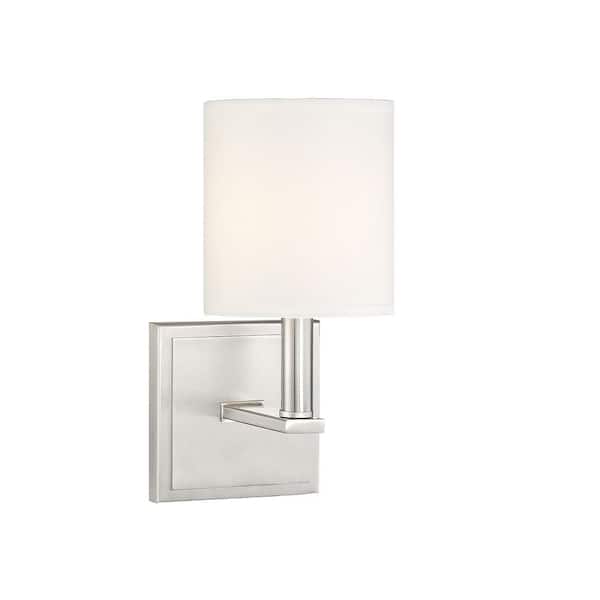 Savoy House Waverly 5 in. W x 11 in. H 1-Light Satin Nickel Wall Sconce with White Fabric Cylindrical Shade