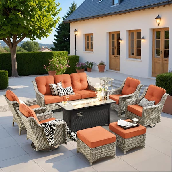Eureka 9-Piece Wicker Patio Conversation Sofa Swivel Chair Set with Metal Fire Pit Table and Red Cushions