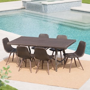 Nina Multi-Brown 7-Piece Faux Rattan Rectangular Outdoor Dining Set with Foldable Table