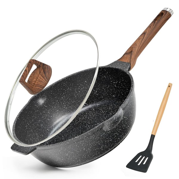 Nonstick Granite Deep Frying Pan with Lid and Spatula, 12 in. Saute Skillet for Induction Gas Electric Cooktops