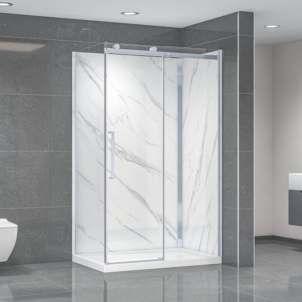 Dreamwerks Bristol 48 in. x 32 in. x 79.2 in. Rectangular Corner Shower Stall/Kit with Base and Walls in Brushed Nickel
