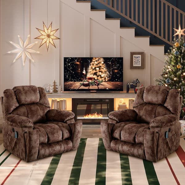 Set of 2 40.6 in. W Brown Oversize Power Lift Recliner Chair with Massage and Heating