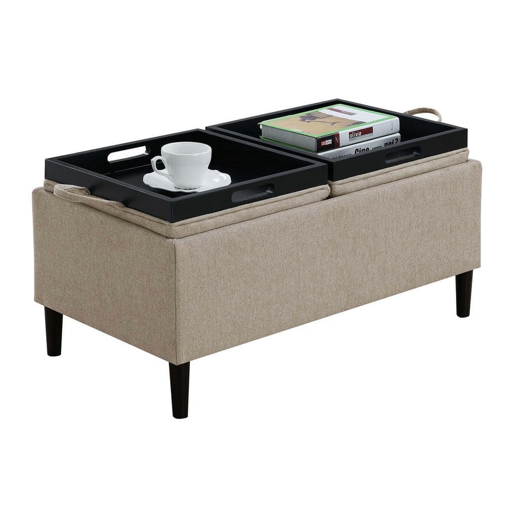Soft Beige Fabric Magnolia Storage Ottoman with Reversible Tray Tops