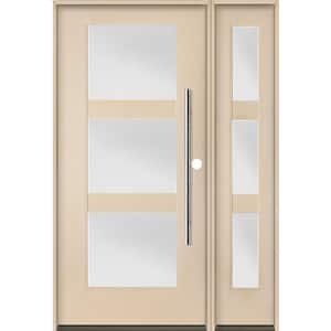 Modern Faux Pivot 50 in. x 80 in. 3-Lite Left-Hand/Inswing Satin Glass Unfinished Fiberglass Prehung Front Door with RSL